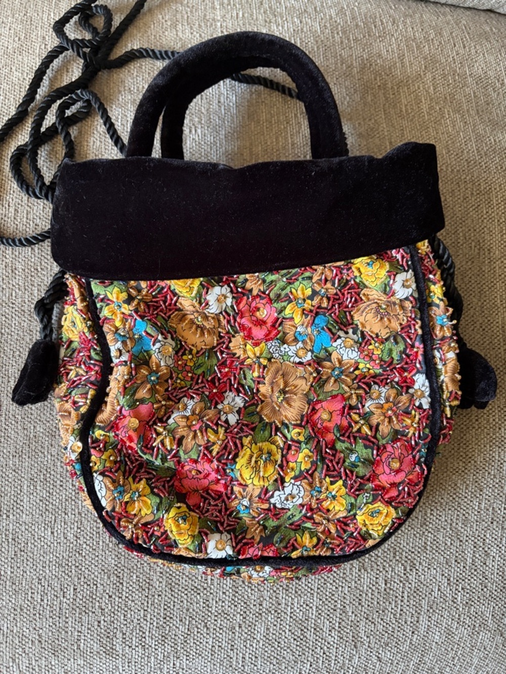 Embroidered Floral Beaded Velvet Top-Handle Crossbody Bag